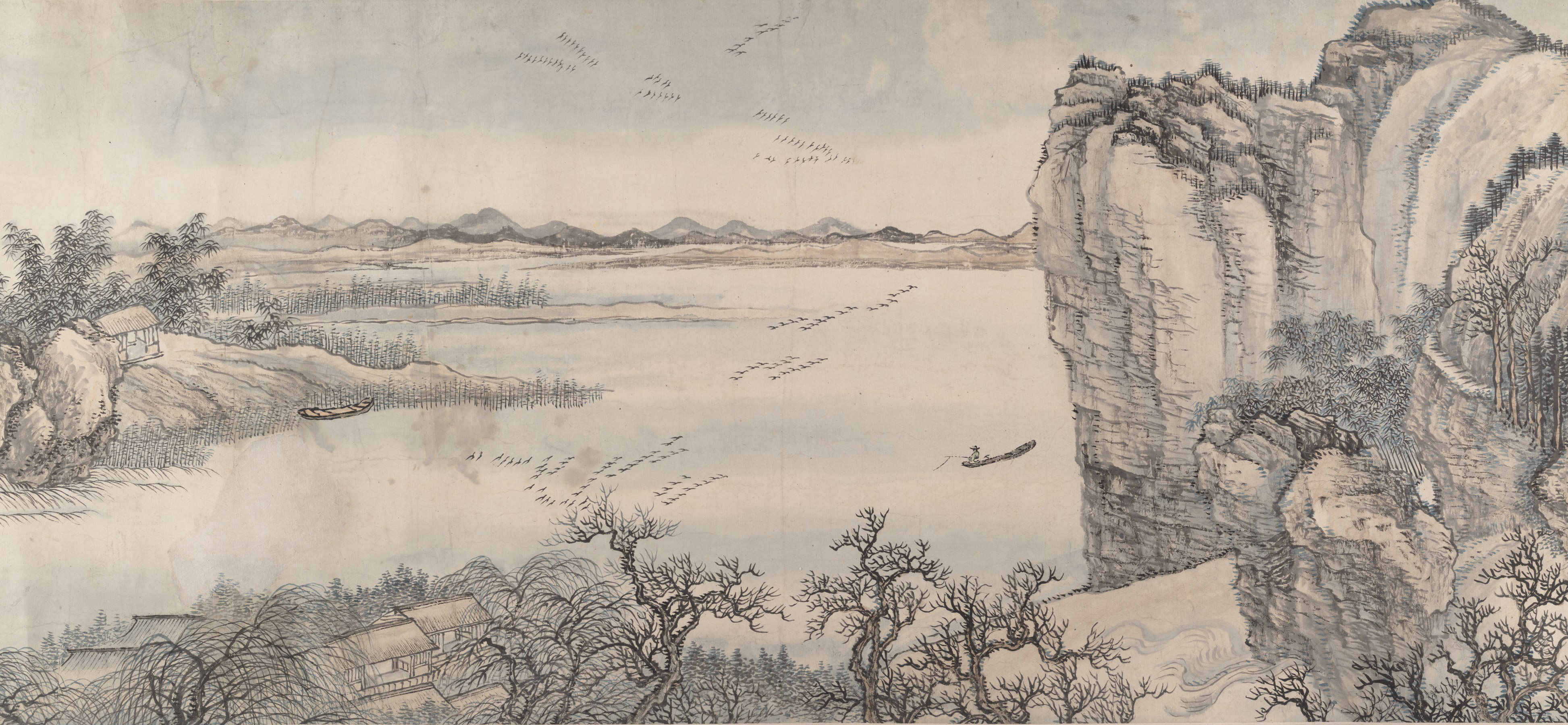 A drawing from the Metropolitan Museum of Art featuring a landscape full of cliffs, trees, and a lake.