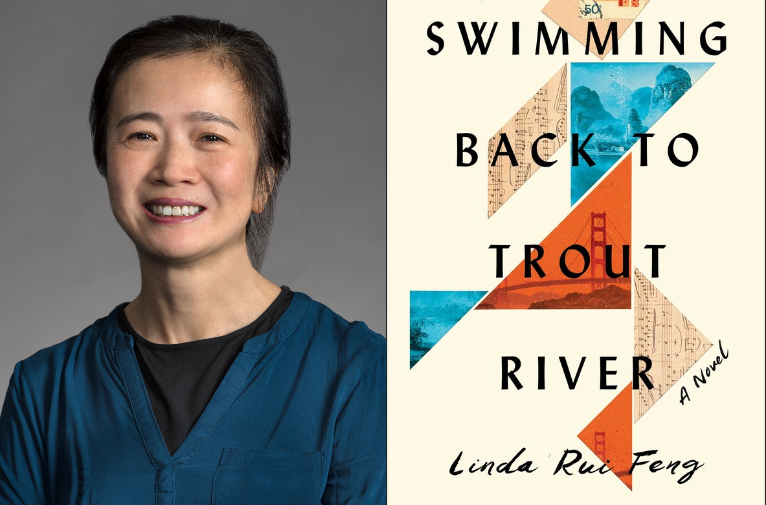 A collage of Professor Linda Rui Feng on the left and the cover of her book, Swimming Back to Trout River, on the right.