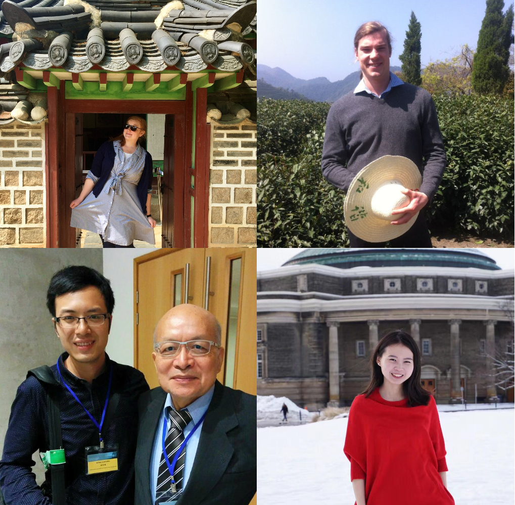 Collage of four photos featuring Jessica Morgan-Brown, Mark Lush, Shasha Liu and Gabriel (Ruoyang) Weng with Professor Vincent Shen.