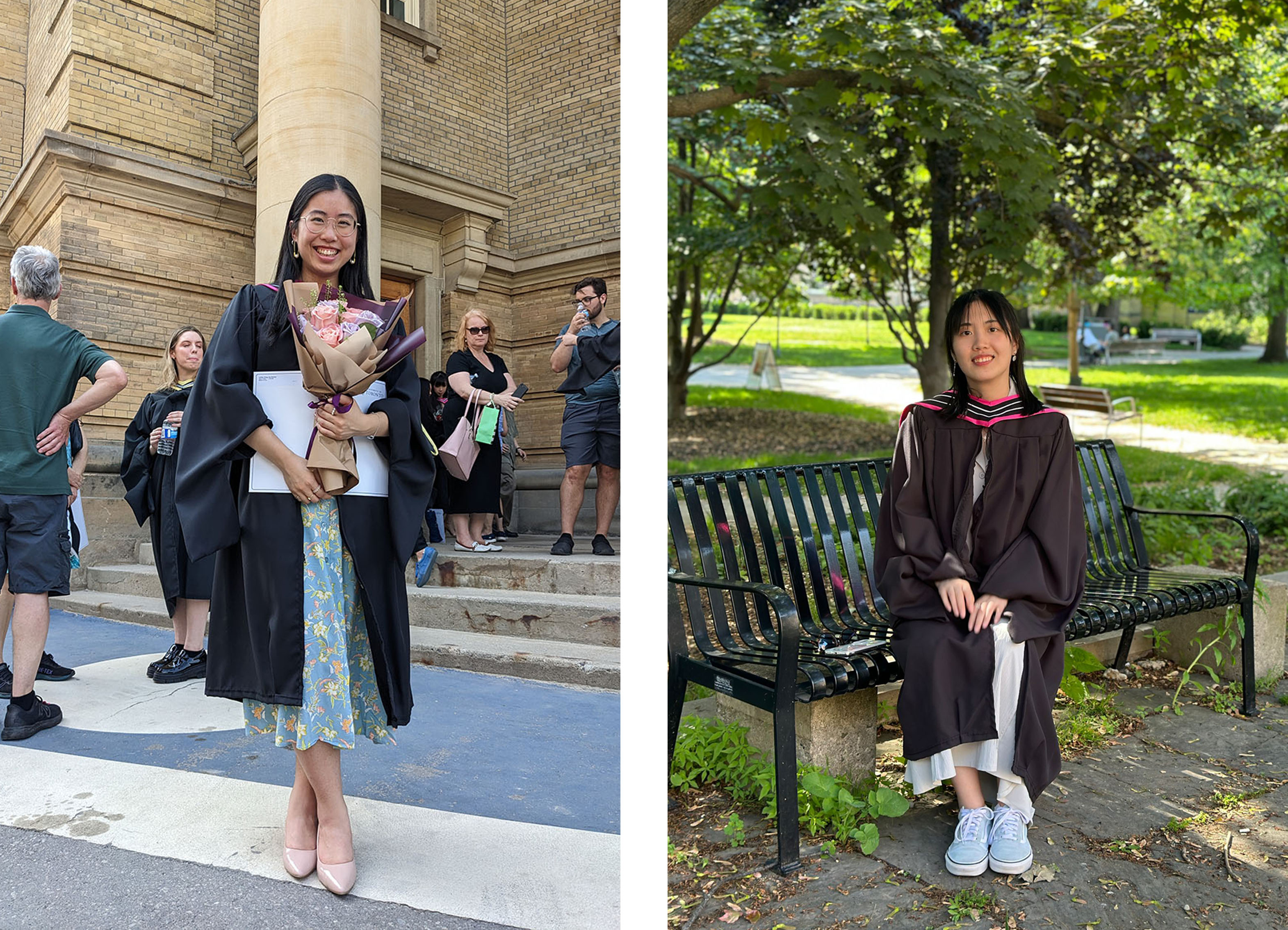 Ashley Wong in a black graduation gown holding flowers and Tianyi Zhu in a black graduation gown sitting on a bench in a park