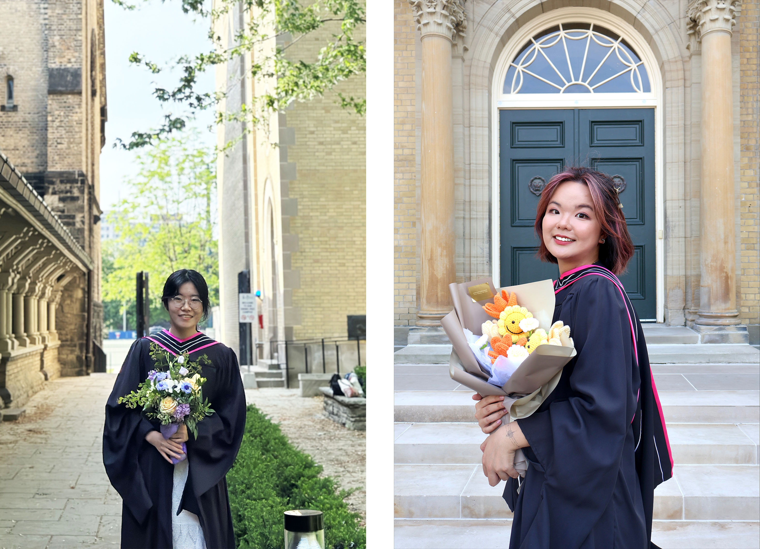 Yuan Zhou in a black graduation gown holding purple and white flowers, and Siyun Pan in a black gown holding orange flowers in front of a door